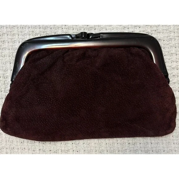 VINTAGE suede clutch purse hinged opening lucite closure burgundy merlot OS - Picture 3 of 14